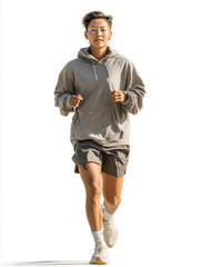 Fototapeta premium Non-binary runner enjoying a jog in casual attire during a sunny morning