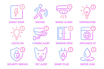 Neon security system icons for smart home alerts and monitoring