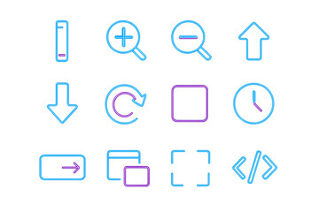 Neon glowing blue pink icon set with arrows clocks and zoom symbols