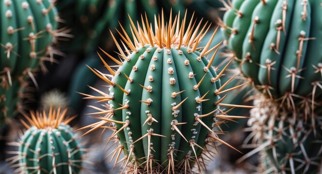 Cactus with thick, long, and sharp thorns on background, close-up.