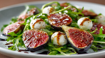 Vibrant summer salad with fresh figs and mozzarella served on a flat plate