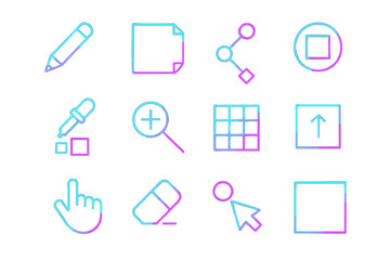 Neon tech icons: tools, shapes, arrow, cursor, eraser, magnifier in blue and pink glow
