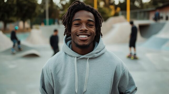 A confident young man with dreadlocks smiling at a skatepark, embodying the spirit of youth and action, surrounded by the dynamic atmosphere of skate culture.