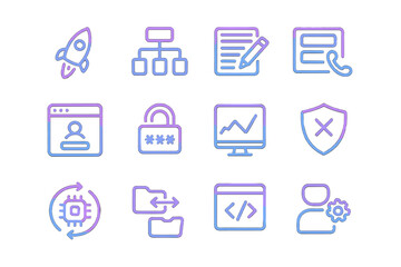 Neon tech symbols: rocket, security, analytics, coding, profile, shield