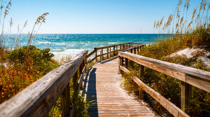 Fototapeta premium Wooden pathway leading to a beach with ocean view and surrounding beach grass and plants