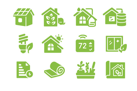 Eco-friendly and sustainable home icons in green glowing style