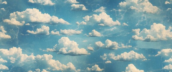 Processed collage of cloudy light blue sky texture for background, banner, or mapping backdrop.