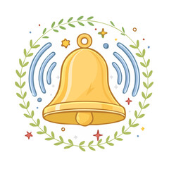 Shiny Gold Bell Ringing Inside a Decorative Wreath with Stars and Sound Waves Cartoon Illustration