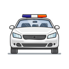 Fototapeta premium Illustration of white police car front view with blue and red emergency lights, vector transportation vehicle cartoon for web design