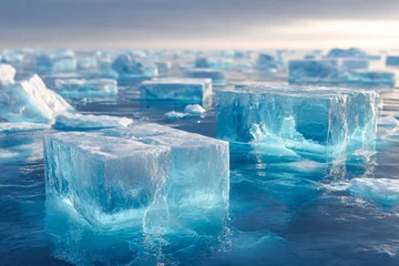 Gordijnen Melting ice blocks on a frozen ocean, arctic landscape with glaciers and icebergs © Mikhail Vorobev
