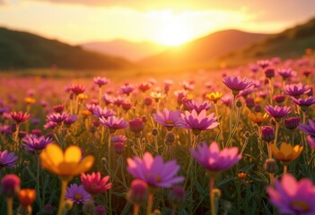 Fototapeta premium blooming wildflowers vibrant sunset glow nature beauty colorful flora landscape, plants, petal, field, vibrancy, meadow, spring, evening, sky, orange, pink