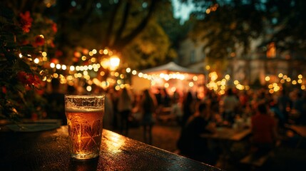 outdoor beer festival night ambiance string lights bokeh beer glass crowd gathering social event