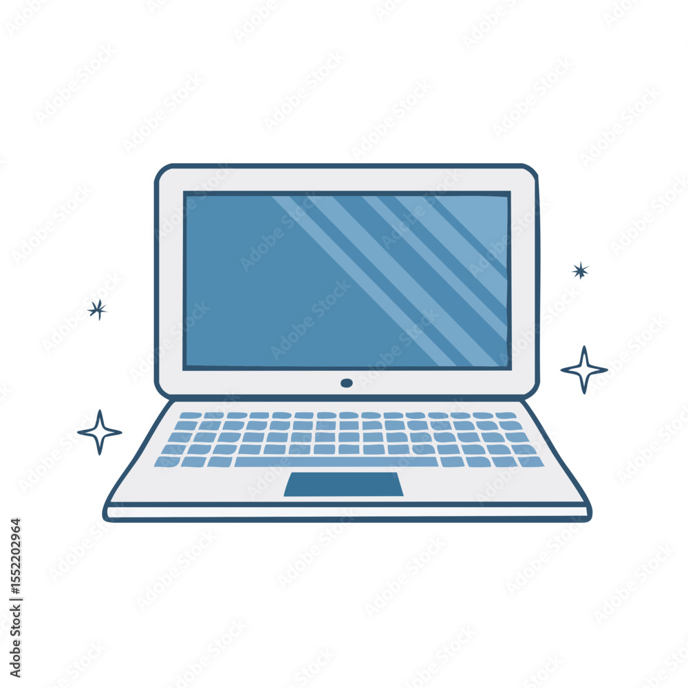 Poster open laptop computer with sparkling design element isolated on black background