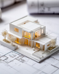 Modern architectural model of a contemporary house with warm interior lighting on blueprint background