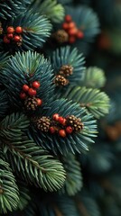 Evergreen branches with red berries and pine cones captured in a close-up view during autumn season