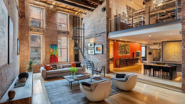 Exposed brick loft with high ceilings, modern furniture, and a mezzanine