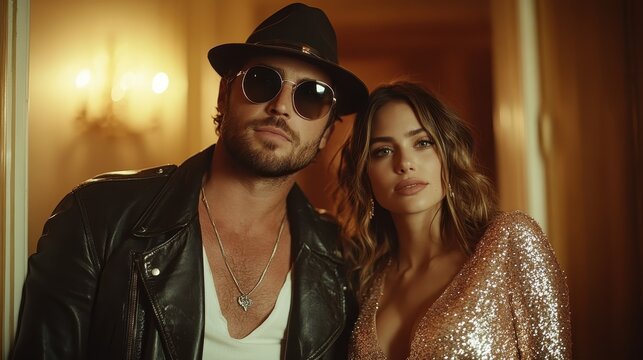 A stylish couple exudes confidence against a chic urban backdrop, showcasing glamorous fashion and a modern vibe, capturing the essence of contemporary love and connection.