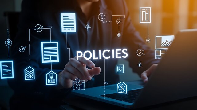 Business professional interacting with digital interface displaying policies and financial icons representing corporate strategy and decision making - Powered by Adobe