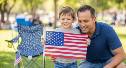Boy and his father looking at the American flag. Concept - patriotism, Independence Day, 4th of July