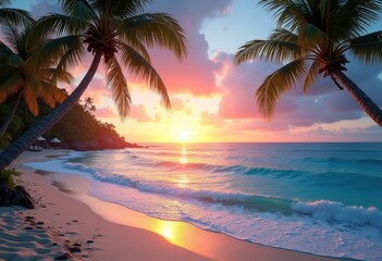 Fototapeta premium clear blue ocean palm tree silhouettes tropical paradise serenity coastal landscape, sea, water, tropics, beach, sky, wave, island, relaxation, sunset