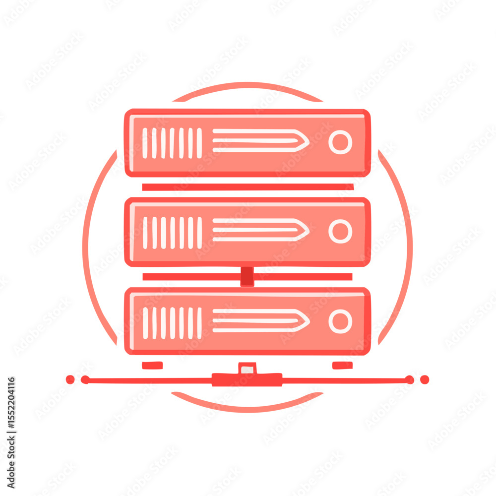 Poster illustration of three servers connected in circle for storage database and hosting