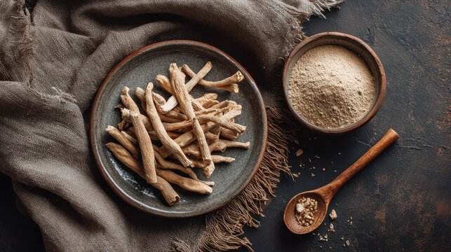 Ashwagandha roots and powder on plate with wooden spoon