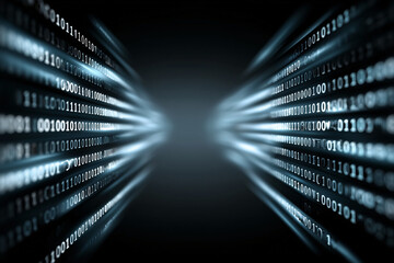 A digital tunnel composed of binary code, representing data flow and technology. The image symbolizes the core of digital information and computational power.