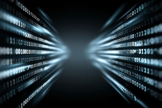 A digital tunnel composed of binary code, representing data flow and technology. The image symbolizes the core of digital information and computational power.