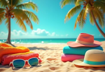 colorful beach accessories vibrant sand summer coastal vibes sunlight fun relaxation, umbrella, towel, chair, sunglasses, hat, beachball, swimwear