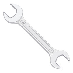 Chrome wrench for equipment maintenance. Repairing automotive vehicle and tightening nuts. Single tool with two ends isolated on black.