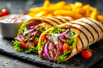 Delicious grilled steak wrap with fresh vegetables and creamy sauce served with crispy fries