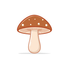 Cartoon mushroom illustration with brown cap and white spots fungi forest nature organic food ingredient fairytale style