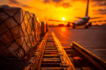 Cargo loading at sunset on an airport tarmac with an airplane in the background