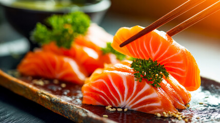 Fresh salmon sashimi with garnishes and sesame seeds on a rustic plate