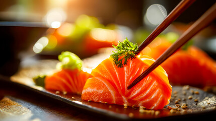 Fresh salmon sashimi with chopsticks and garnish on a black plate