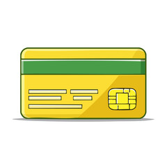 Cartoon style yellow credit card with green stripe for financial transactions and online payments and shopping card icon illustration