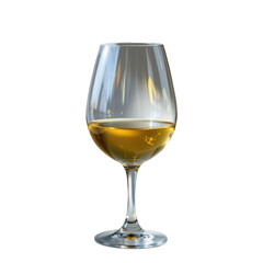 Elegant crystal wine glass filled with golden liquid sitting on smooth surface with subtle reflections and highlights