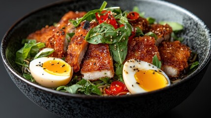 A mouthwatering bowl filled with crispy chicken, fresh vegetables, and garnished with soft-boiled eggs showcases a delightful culinary experience that emphasizes flavors and presentation.