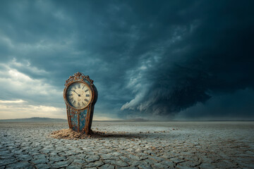Antique clock standing on cracked dry landscape with approaching storm in the background