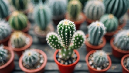Top View Of Mini Cactus Plant In Red Pot with Surrounding Cacti.