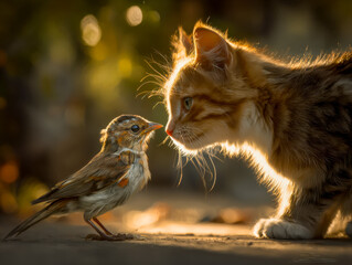Close-up of a cat and a bird face-to-face in warm sunlight
