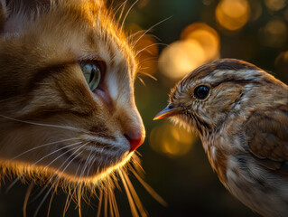 Close-up of a curious cat and a small bird facing each other at sunset