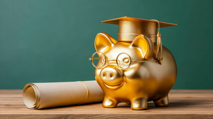 Gold piggy bank with graduation cap and glasses, symbolizing financial success in education