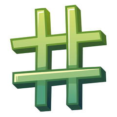 Obraz premium Green Cartoon Hashtag Symbol on Black Background with 3D Perspective Effect