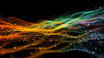 Abstract colorful light waves and particles against a black background