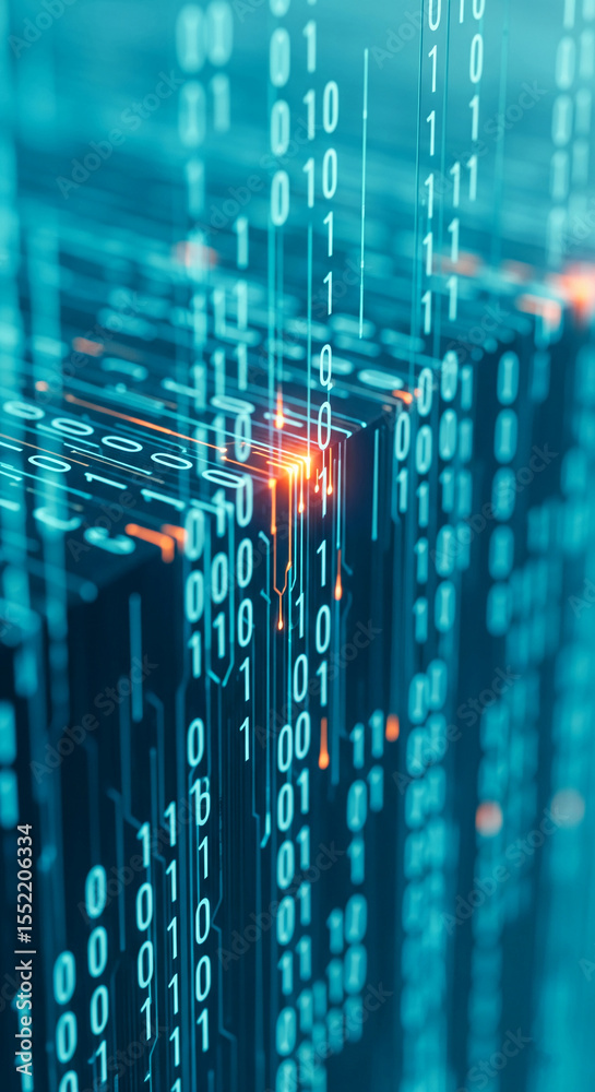 Poster abstract image of teal binary code, showcasing glowing orange lines connecting data cubes, represent
