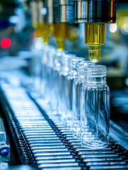 Automated glass bottle filling process on industrial production line