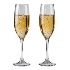 Two Elegant Champagne Flutes Filled with Sparkling Bubbly Beverage and Effervescent Bubbles, Isolated on White