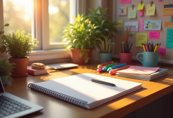 colorful office planner wooden desk organized workspace vibrant stationery notes creativity productivity inspirational desk setup, notebook, pen, paper