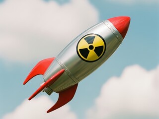 Retro-style toy rocket featuring a black and yellow radiation sign, floating in front of a cloudy blue sky, soft natural daylight